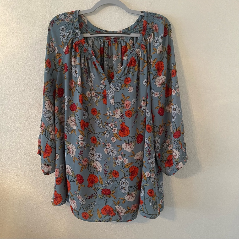 Teal/Blue/Red/Orange Chiffon V-Neck Top with Ruching Accent